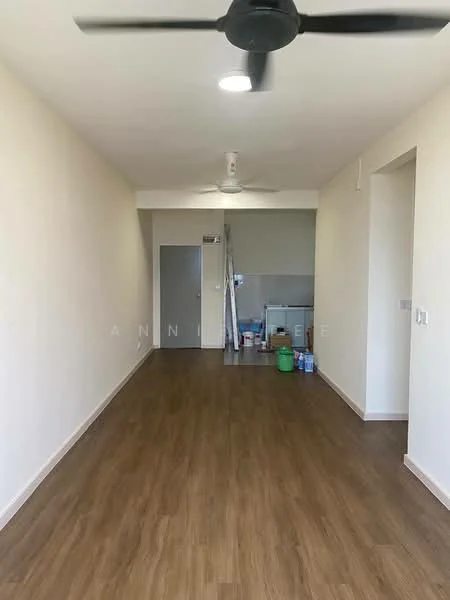 Room features: laminate flooring, white painted walls, ceiling fan, recessed downlights, doorway leading to another room, paint cans, cleaning supplies, ladder, open layout; style: modern.