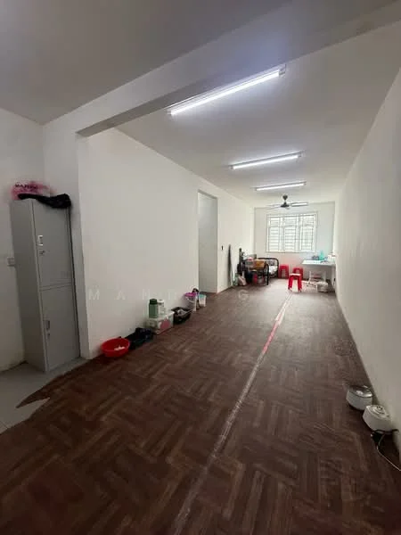 Room features: white painted walls, laminate flooring, ceiling with fluorescent lights, window with grid pattern, dining table, plastic chairs, storage cabinets, kitchen appliances, cleaning supplies, flooring with a parquet pattern; style: minimalist.