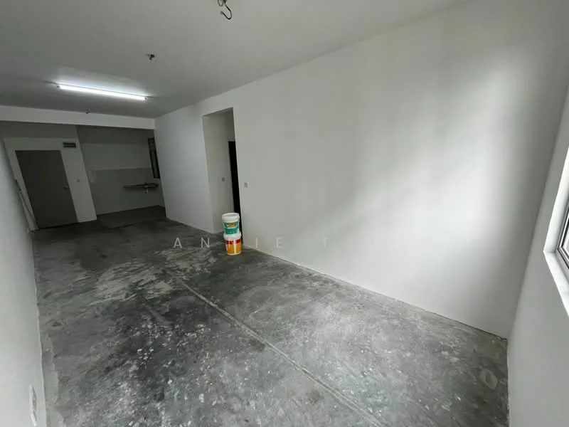 Room features: white painted walls, concrete flooring, fluorescent ceiling lights, window with no visible treatment, unfinished space, open layout, bucket visible, no visible appliances or furniture; style: minimalist.