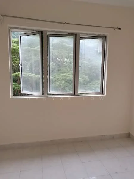 Room features: white painted walls, light grey tiled flooring, floor-to-ceiling windows, curtain rod, view of greenery outside; view: garden.