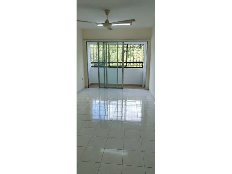 Room features: white painted walls, glazed sliding glass doors, floor-to-ceiling windows, ceramic tile flooring, ceiling fan, recessed lighting, balcony view, natural light; style: modern; view: garden.