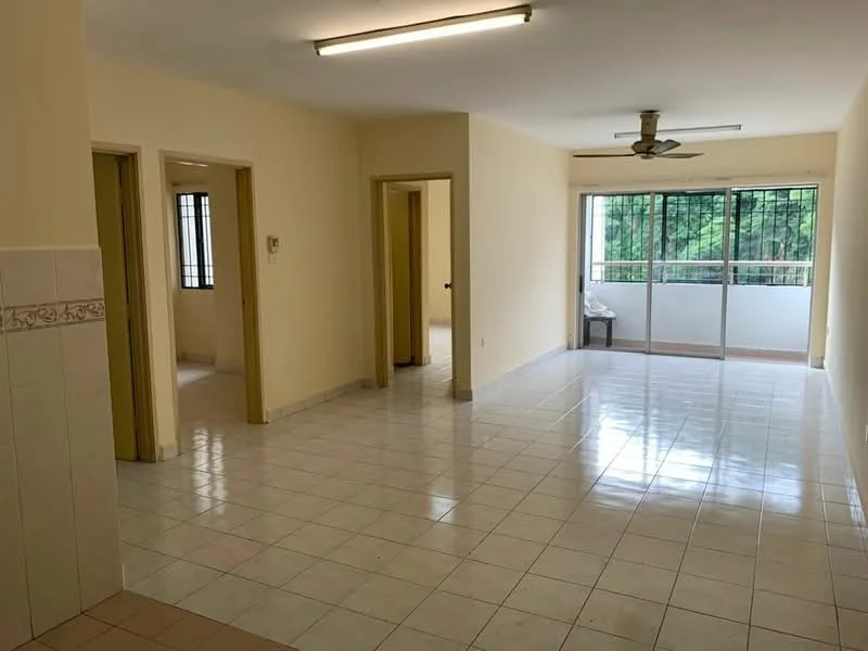 Living features: white painted walls, glossy ceramic tile flooring, ceiling fan, sliding glass door, floor-to-ceiling windows, natural light from windows, neutral color scheme, open layout; style: modern; view: garden. Room features: white painted walls, glossy ceramic tile flooring, doorway leading to other rooms.