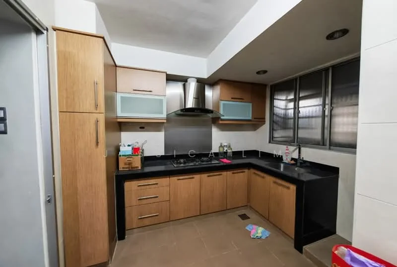 Kitchen features: wood cabinetry, black granite countertop, stainless-steel range hood, built-in oven, stainless-steel sink, chrome pull-down faucet, ceramic tile flooring, window with metal grille, recessed lighting, open shelving, kitchen appliances, counter space, corner cabinet; style: modern.