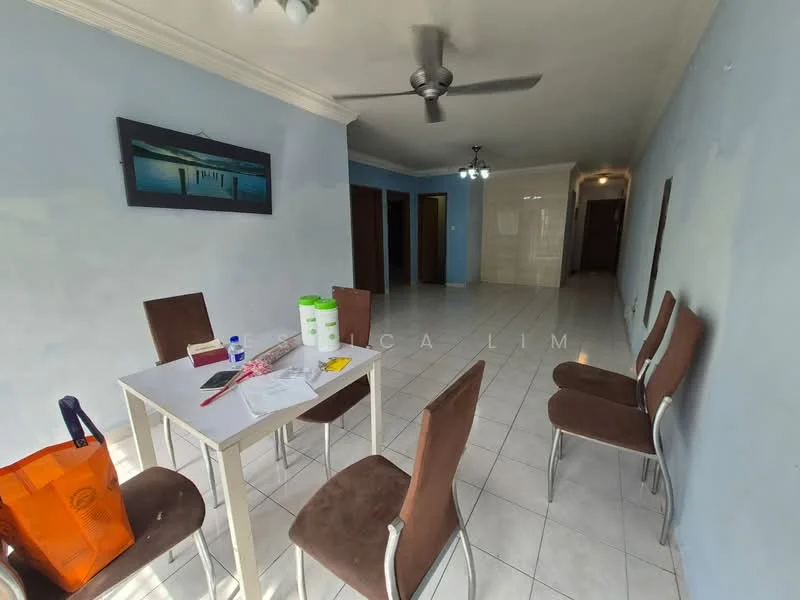 Dining features: white walls, ceramic tile flooring, 5-blade ceiling fan, dining table with white surface, 4 brown upholstered dining chairs, orange tote bag, water bottle, papers on table, light fixture on ceiling. Room features: brown wooden doors, light-colored walls, open space leading to other rooms.