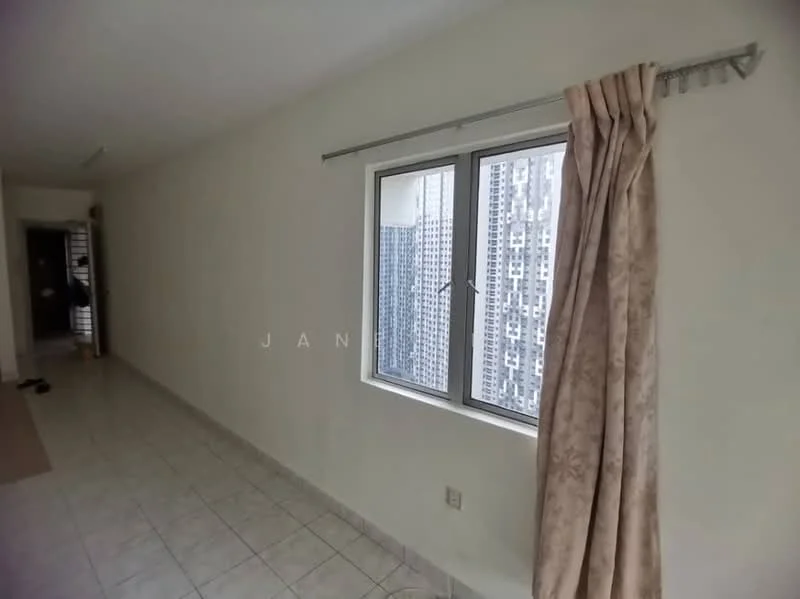 Room features: white painted walls, ceramic tile flooring, floor-to-ceiling window, curtains, city view; view: city.