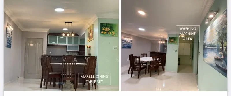 Dining features: marble dining table set, 6 upholstered dining chairs, green accent wall, recessed downlights, wall-mounted artwork, white tiled flooring, open kitchen layout, washing machine area; style: modern.