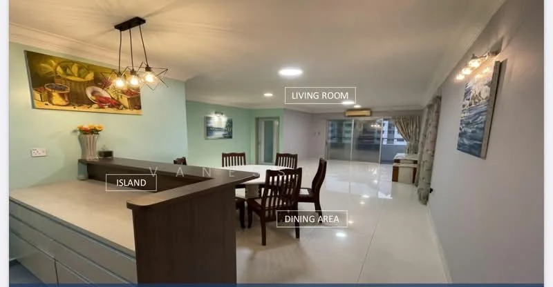 Living features: white painted walls, recessed downlights, pendant lighting, large windows, sliding glass door, floor-to-ceiling windows, ceramic tile flooring, decorative artwork, curtains, dining table with chairs, kitchen island with seating; style: modern; view: city. Dining features: dining table with four chairs, pendant lighting, ceramic tile flooring; style: modern.