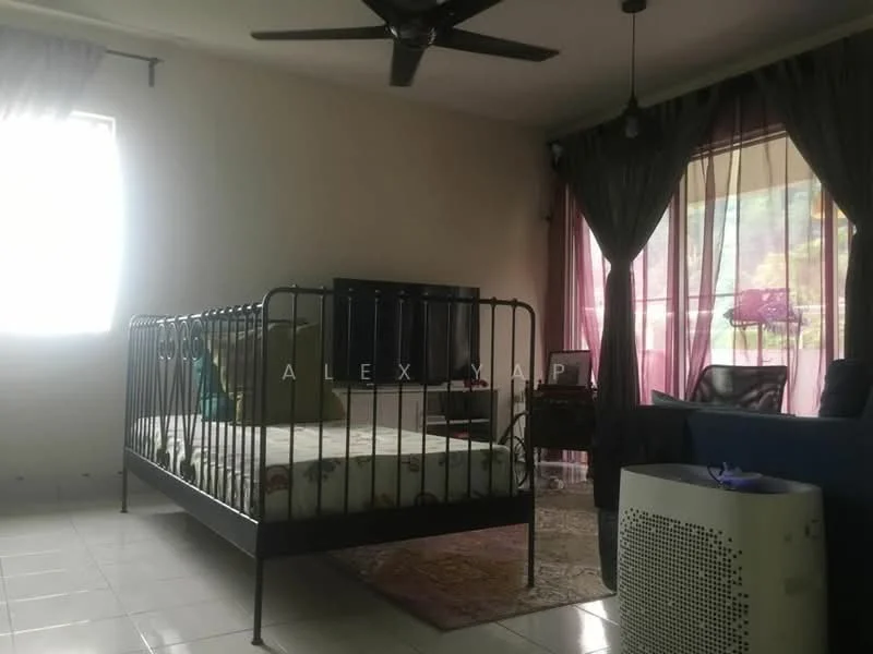 Bedroom features: black metal bed frame, mattress on bed, white walls, ceiling fan, large window with sheer curtains, dark curtains, decorative lamp on side table, area rug, sofa in blue, air purifier; style: modern.