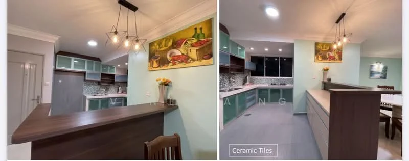 Kitchen features: ceramic tile flooring, light blue painted walls, wooden countertop, kitchen island, white cabinetry with glass-front upper cabinets, grey lower cabinets, mosaic tile backsplash, recessed downlights, pendant lighting, framed artwork on wall, window with city view, dining table in adjacent area; style: modern; view: city.