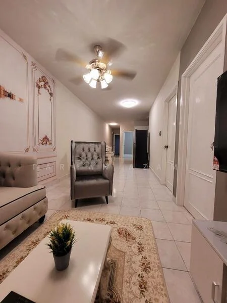 Living features: 5-blade ceiling fan with light, grey upholstered armchair, cream sofa with tufted design, coffee table with decorative plant, area rug with floral pattern, white walls, tile flooring, recessed ceiling lights, decorative wall paneling, doorway leading to other rooms; style: modern.