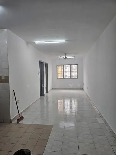 Room features: white painted walls, glossy tile flooring, ceiling lights, ceiling fan, large window, neutral color scheme, clean and uncluttered space, broom visible; style: modern.