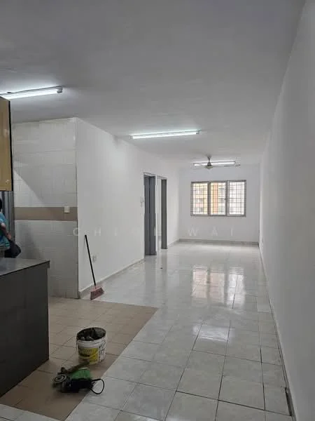 Room features: white painted walls, glossy ceramic tile flooring, ceiling lights, ceiling fan, large window with grid pattern, open layout, neutral color scheme, clean and uncluttered space; style: modern.