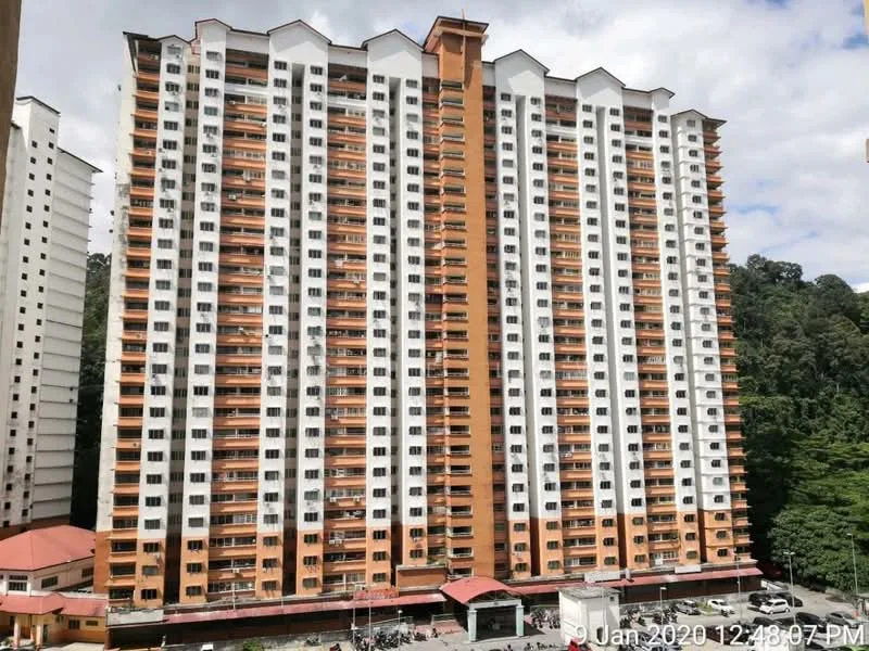 Exterior type: high-rise condominium; features: orange and white facade, multiple balconies, glass windows, approximately 20-storey high-rise, surrounded by greenery, parking area visible at the base; style: modern.