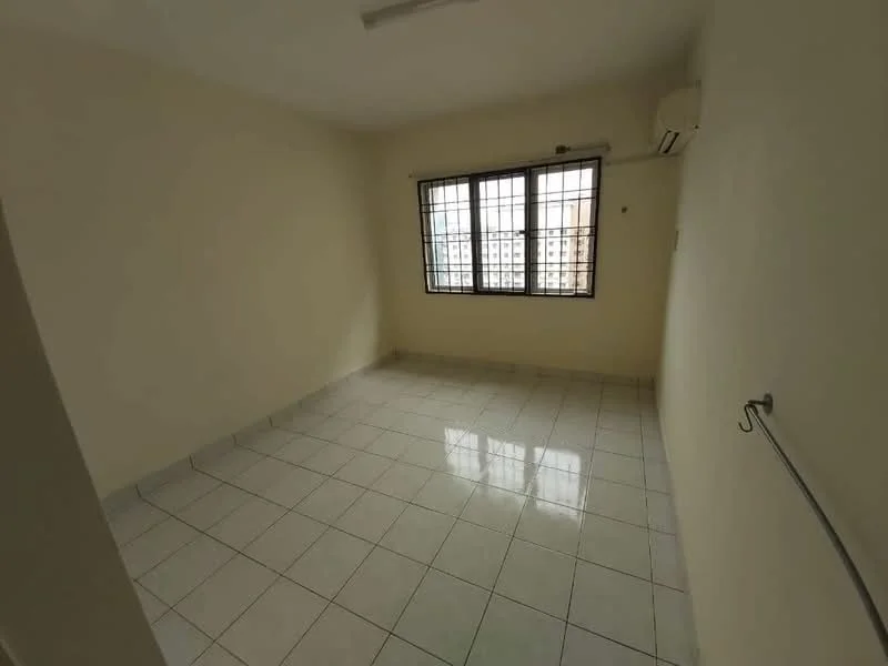 Room features: white painted walls, glossy ceramic tile flooring, floor-to-ceiling windows, window with metal grille, 1 wall-mounted split AC, neutral ceiling, light fixture on ceiling; view: city.