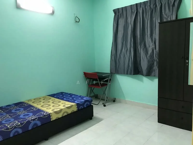 Bedroom features: single bed with patterned bedding, study desk with chair, dark wood wardrobe, light blue painted walls, white tiled flooring, curtains in grey, ceiling light fixture.