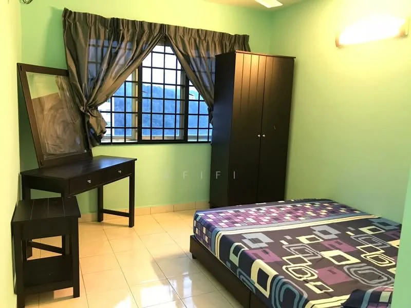 Bedroom features: green painted walls, white tiled flooring, queen-size bed with patterned bedding, wooden bedside table, wooden dresser with mirror, black wardrobe, floor-to-ceiling window, curtains in grey.
