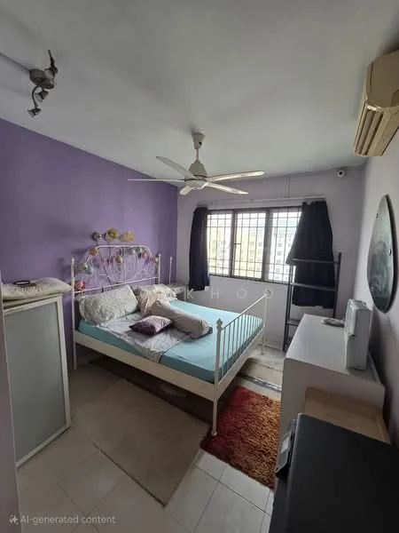 Bedroom features: purple painted walls, white ceiling, 5-blade ceiling fan, queen-size bed with white metal frame, light blue bedding, two black curtains, floor-to-ceiling window, wooden bedside table, area rug with red and beige pattern, built-in wardrobe, wall-mounted mirror, air conditioning unit; style: modern; view: city.