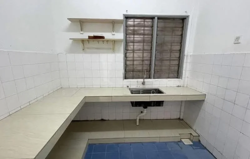 Kitchen features: white tiled walls, light-colored countertop, single-bowl stainless-steel sink, chrome faucet, open shelving above countertop, window with metal grilles, floor tiles in light color, drainage area next to sink.