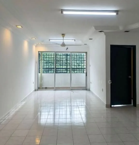 Living features: white painted walls, glossy white tile flooring, recessed downlights, 5-blade ceiling fan, floor-to-ceiling windows, sliding glass door, black door, natural light from windows; style: modern; view: garden.