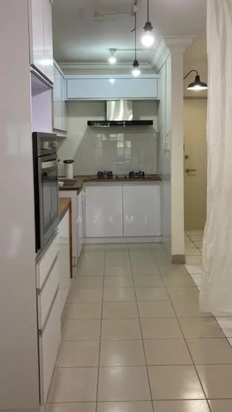 Kitchen features: white cabinetry, wood countertop, stainless-steel range hood, 2-burner gas hob, built-in oven, ceramic tile flooring, recessed downlights, single-bowl stainless-steel sink, wall-mounted cabinets, open shelving, window above sink; style: modern.