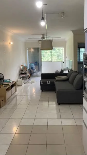 Living features: grey L-shape sectional sofa, coffee table, wall-mounted TV, ceiling fan with light, tile flooring, white painted walls, large window with grid pattern, open layout, decorative wall shelf, area rug; style: modern.