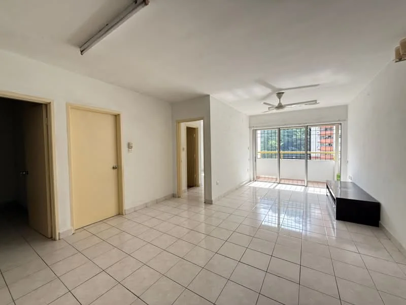 Living features: white painted walls, tiled flooring, 5-blade ceiling fan, sliding glass door, floor-to-ceiling windows, natural light, built-in TV console, balcony access. Room features: two doors leading to other rooms.