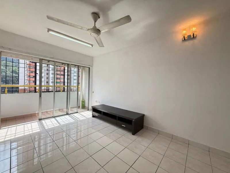 Living features: white painted walls, glossy ceramic tile flooring, 5-blade ceiling fan with light, wall-mounted light fixture, large sliding glass door, floor-to-ceiling windows, TV console, open layout; style: modern; view: city.