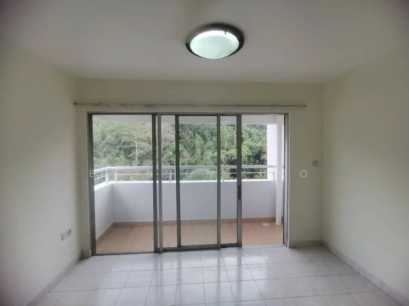 Living features: white painted walls, tile flooring, sliding glass door, floor-to-ceiling windows, ceiling light fixture, balcony view, neutral color scheme, open layout; style: modern; view: garden.