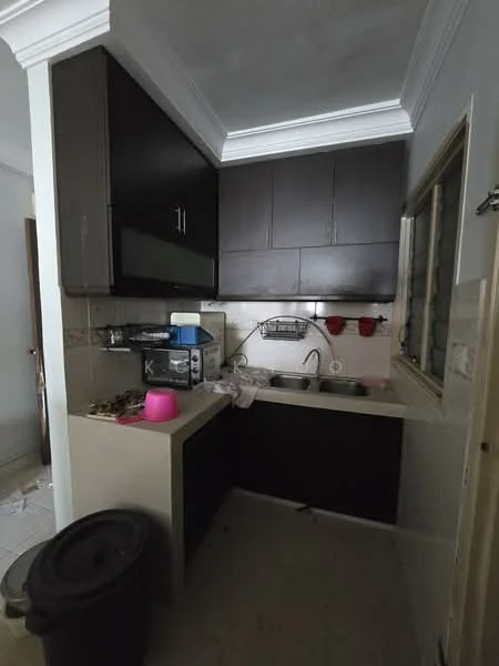Kitchen features: dark wood cabinetry, white countertop, single-bowl stainless-steel sink, chrome pull-down faucet, 4-burner gas hob, built-in oven, tile backsplash, window above sink, kitchen utensils on wall rack, black trash bin, pink container on countertop; style: modern.