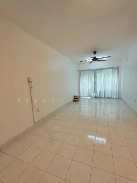 Living features: white painted walls, glossy ceramic tile flooring, 5-blade ceiling fan with light, floor-to-ceiling windows, sheer curtains, natural light from windows, neutral color scheme, open layout; style: modern.