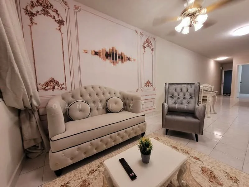 Living features: beige tufted sofa with black piping, grey upholstered armchair, decorative wall with ornate design, white tiled flooring, ceiling fan with light, coffee table, small potted plant on coffee table, curtains, wall-mounted TV remote on table; style: modern.