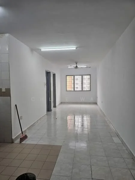 Room features: white painted walls, glossy ceramic tile flooring, ceiling fan, window with grid pattern, fluorescent ceiling lights, clean and uncluttered space, neutral color scheme; style: modern.