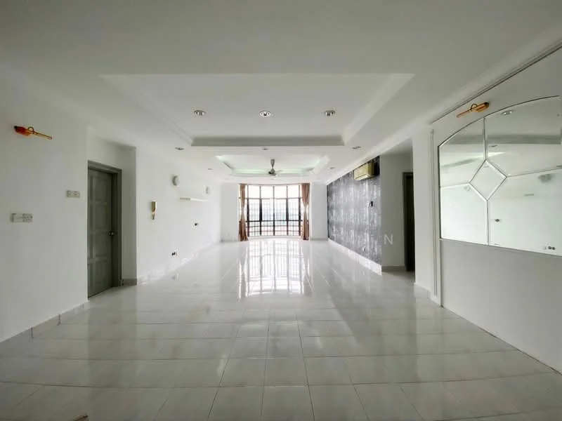 Room features: white painted walls, glossy white tile flooring, tray ceiling with recessed lighting, 5-blade ceiling fan with light, large windows with city view, mirror wall, air conditioning unit, neutral color scheme; style: modern; view: city.