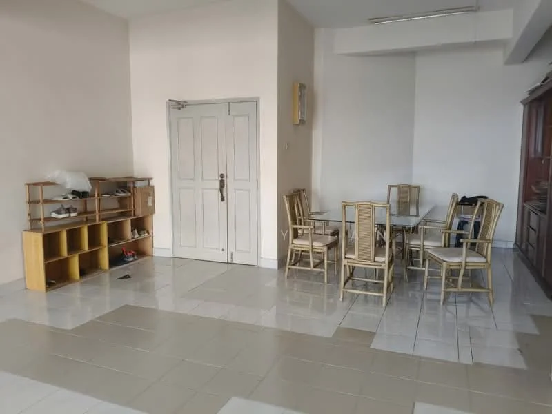 Living features: white painted walls, glossy ceramic tile flooring, glass dining table with metal frame, 6 upholstered dining chairs, wooden shoe rack, wooden cabinet, door with multiple panels, large windows, ceiling lights; style: modern.