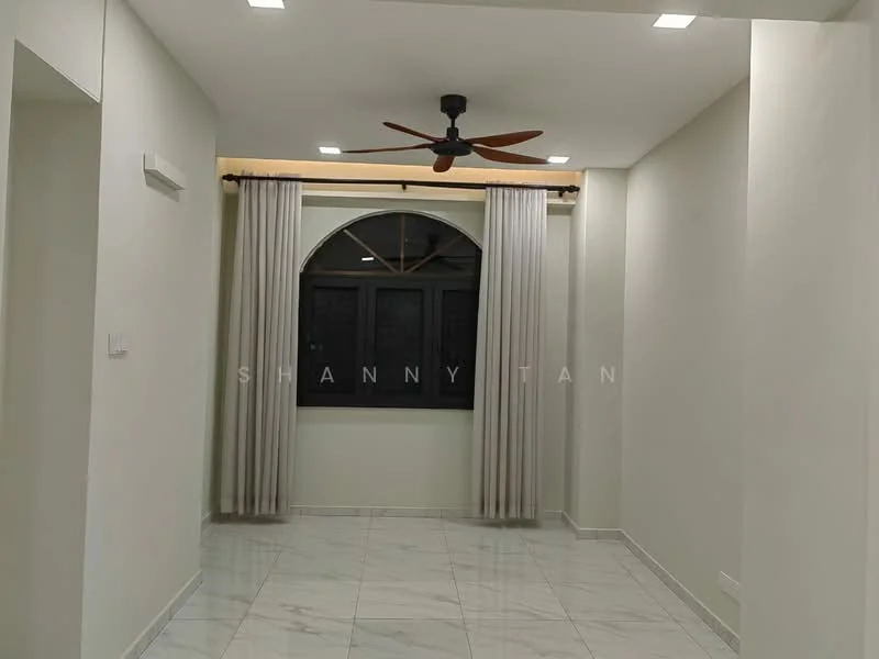 Living features: white painted walls, marble tile flooring, 5-blade ceiling fan with light, floor-to-ceiling windows, sheer curtains, arched window design, recessed downlights; style: modern.