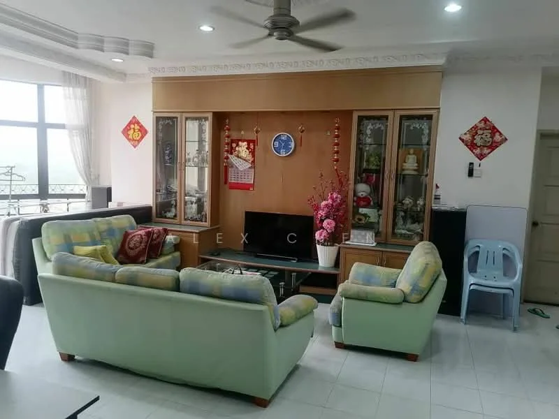 Living features: 3-seater fabric sofa in light green, 2-seater fabric sofa in light green, coffee table, TV console, wall-mounted TV, built-in wooden cabinetry with glass doors, decorative vases, framed wall decorations, ceiling fan, large windows with sheer curtains, white tiled flooring, recessed lighting, wall clock; style: contemporary; view: city.