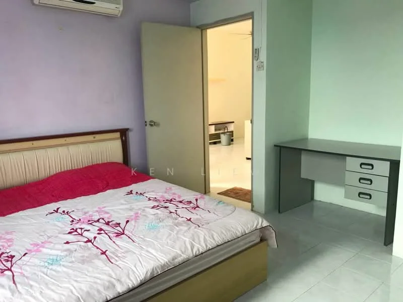 Bedroom features: queen-size bed with floral bedding, light purple painted walls, white tiled flooring, built-in desk with drawers, air conditioning unit on wall, doorway leading to another room, window with natural light, light green accent wall; style: modern.