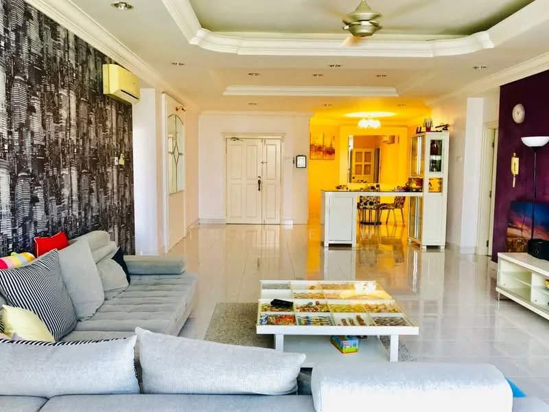 Living features: grey fabric sectional sofa, coffee table with glass top, white TV console, wall-mounted TV, decorative wall with black and white pattern, white ceiling with crown moulding, recessed downlights, 5-blade ceiling fan, large windows with sheer curtains, open layout to dining area, light-colored tiled flooring, wall clock; style: modern. Dining features: dining table with chairs, open kitchen layout, white cabinetry, kitchen island, refrigerator, microwave, pendant lighting, light-colored tiled flooring; style: modern.