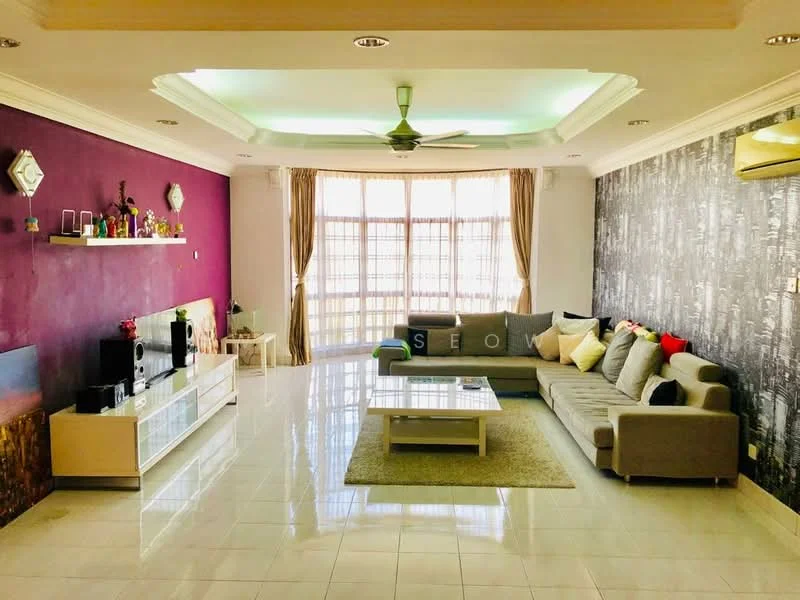 Living features: tray ceiling with recessed lighting, purple accent wall, grey wallpaper with textured pattern, large windows with sheer curtains, floor-to-ceiling windows, 3-seater fabric sofa in grey, 2-seater fabric sofa in beige, coffee table with glass top, area rug, TV console, wall-mounted TV, decorative shelves with ornaments, ceiling fan; style: modern.