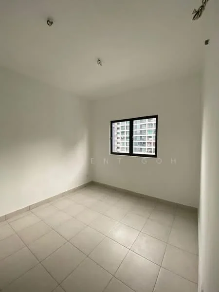 Room features: white painted walls, grey tiled flooring, two windows, no visible furniture, ceiling lights.