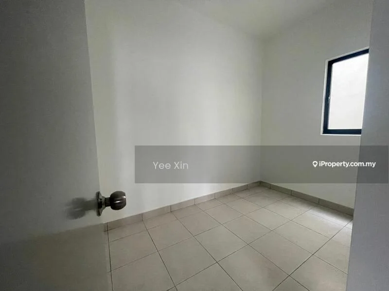 Room features: white painted walls, tile flooring, single window, door with round knob.