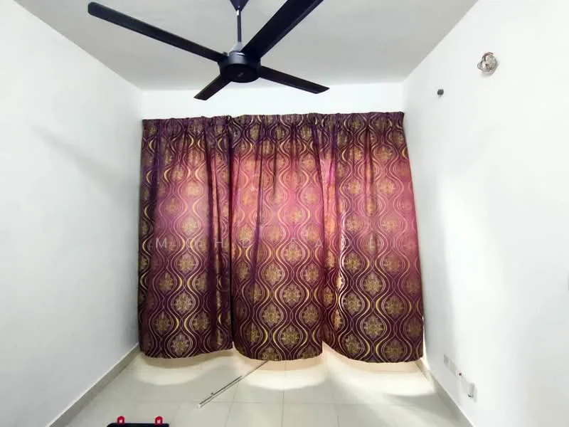 Room features: white painted walls, floor tiles, 5-blade ceiling fan, purple patterned curtains, natural light filtering through curtains.