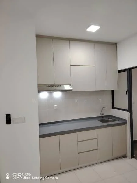 Kitchen features: light grey cabinetry, white countertop, stainless-steel sink, chrome pull-down faucet, built-in range hood, wall-mounted light fixture, ceramic tile flooring, white walls, window with black frame; style: modern.