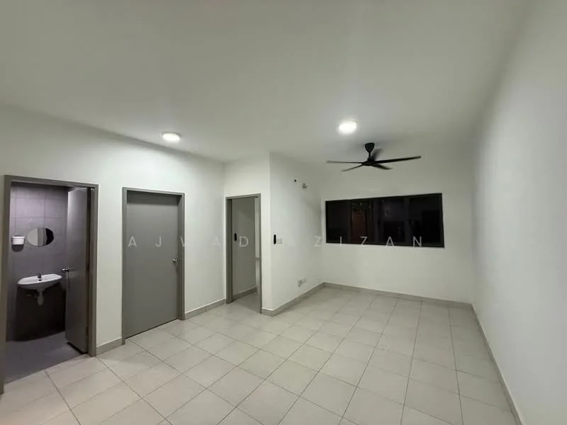 Room features: white painted walls, tile flooring, 5-blade ceiling fan with light, recessed LED downlights, floor-to-ceiling window, grey door, grey door, bathroom door, bathroom with toilet, neutral color scheme; style: modern.