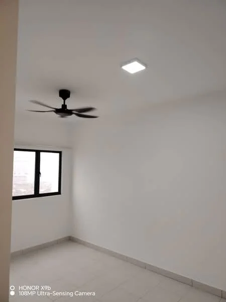 Room features: white painted walls, ceiling fan, recessed LED downlight, floor-to-ceiling window, tile flooring.