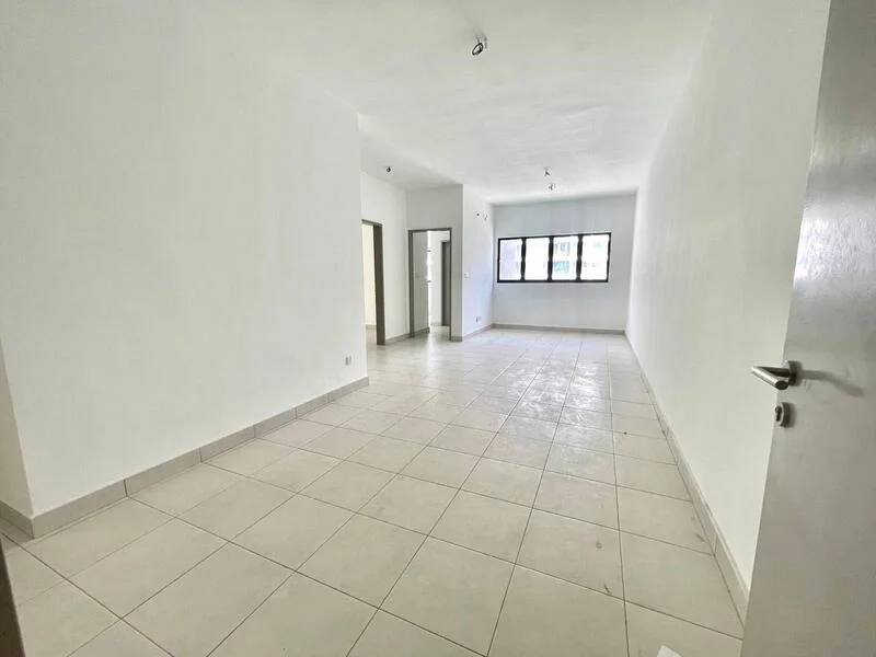 Room features: white painted walls, tile flooring, multiple ceiling lights, large windows, neutral color scheme, open layout, no visible furniture, corner room; style: modern.