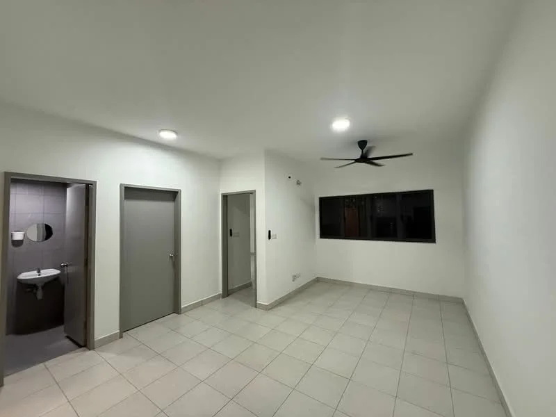 Room features: white painted walls, tile flooring, ceiling fan, recessed LED downlights, large window, door to bathroom, door to hallway, neutral color scheme; style: modern.