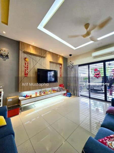 Living features: white painted walls, wood accent wall, recessed ceiling with LED lighting, 5-blade ceiling fan, large wall-mounted TV, white glossy floor tiles, sliding glass door, blackout curtains, decorative wall art, open shelving unit, sofa in blue fabric, coffee table, children's toys, decorative items; style: modern; view: garden.