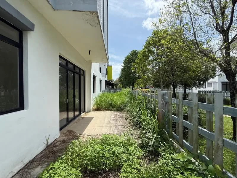 Exterior features: white painted facade, large glass windows, paved walkway, overgrown grass, fence, trees, greenery, clear blue sky; style: modern.