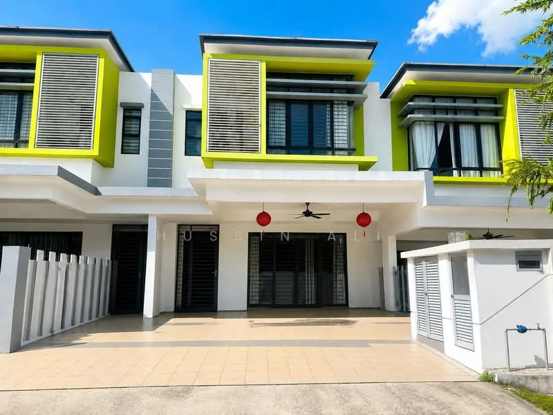 Exterior type: linked terrace house; features: white painted facade, lime green accent walls, horizontal louvre screens, flat roof, 2-storey structure, manicured front yard, paved driveway, outdoor ceiling fan, hanging lanterns, large windows, black framed windows, security gate; style: modern.